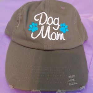 Distressed Grey " Dog mom" hat with blue dog paws